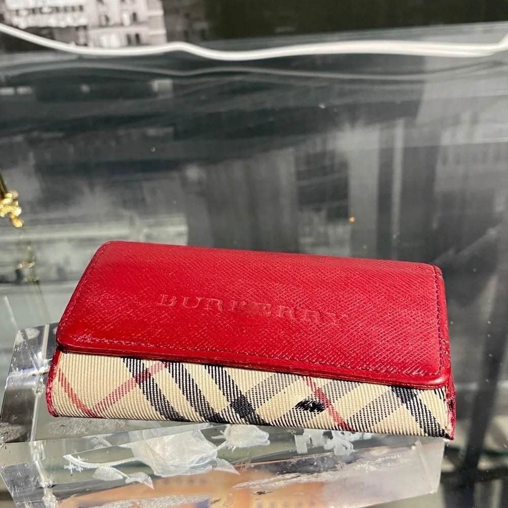 Authentic Rare Burberry Red Leather Nova Check Key Case